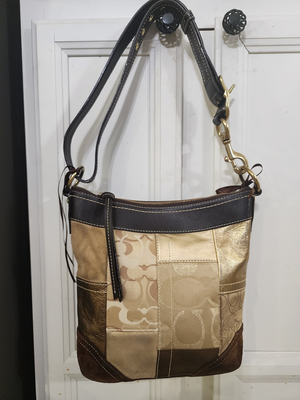 Coach Vintage Patchwork Metallic Leather Shoulder Bag - Gold/Tan- F06Q-10386